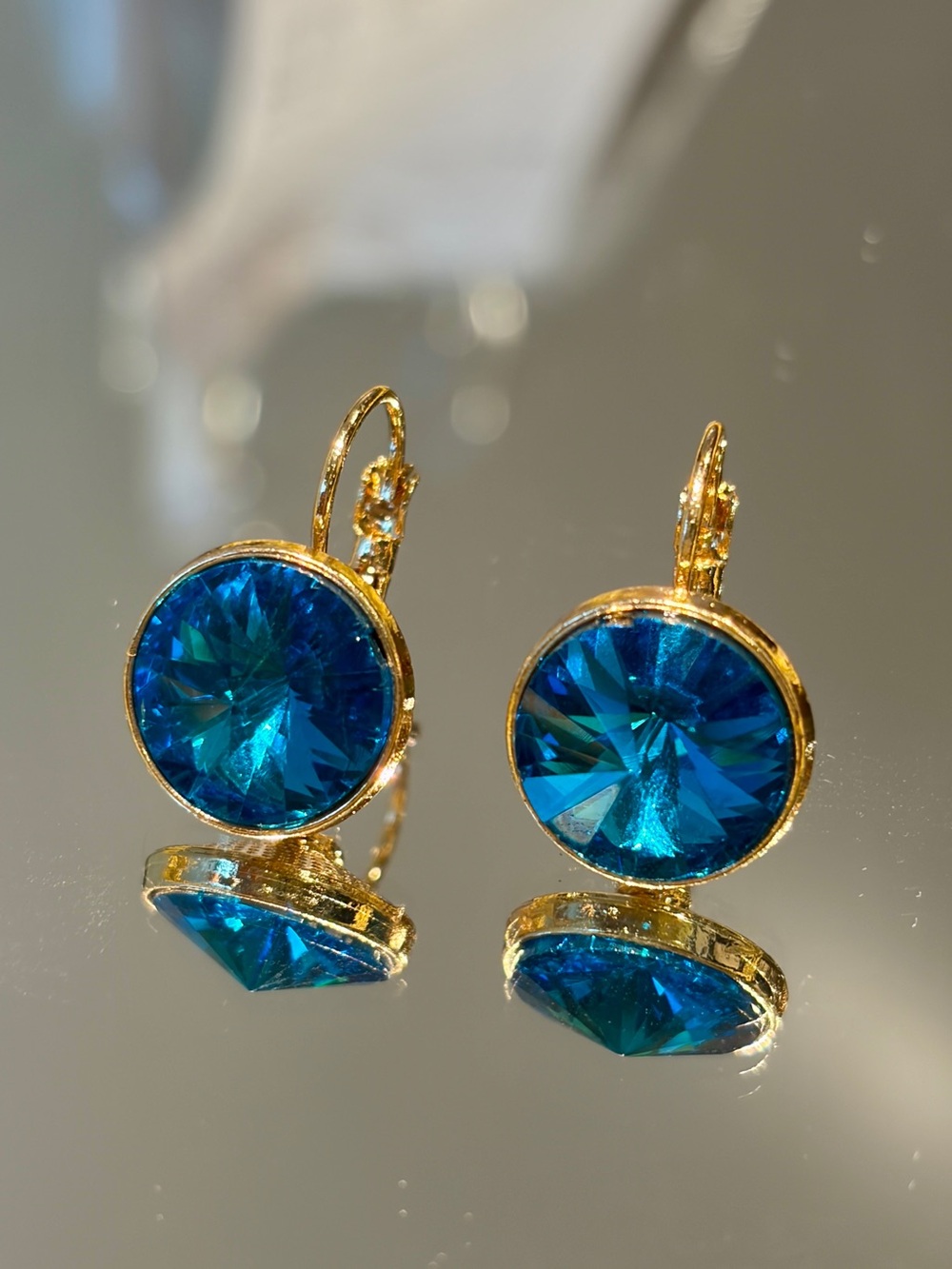 Blue Brilliant Crystal Statement Drop Earrings Assorted Finish In Gold Tone